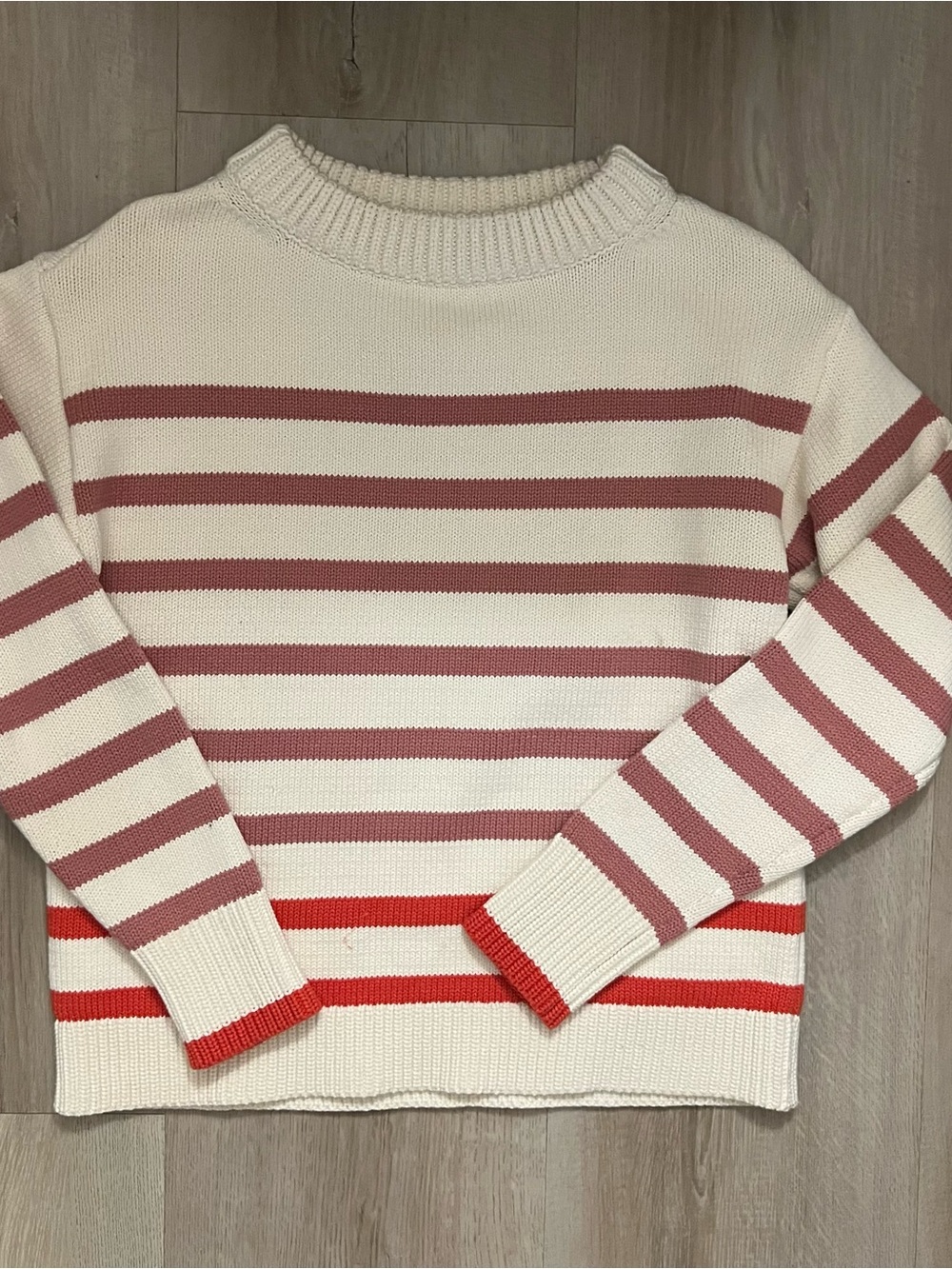 Ann Taylor Cream and Rose Striped Crewneck Sweater